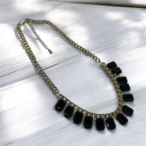Vintage Black Bezel Set Black Stone Bib Necklace Gold Tone Chunky Chain 18"L+3" - Picture 4 of 4